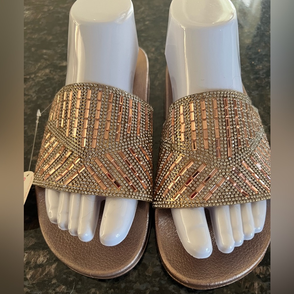 BABE Rose Gold/Gold Rhinestone Slip On Sandals Size 9
